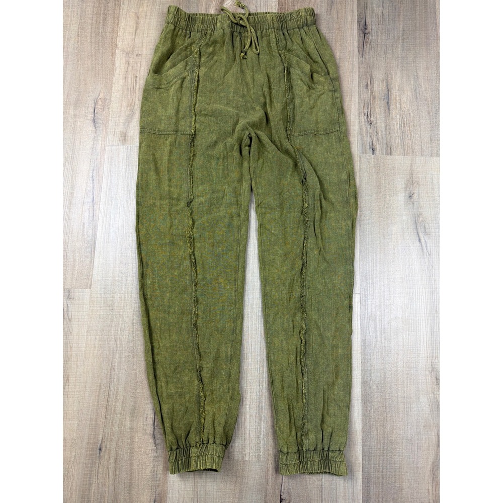 Umgee Olive Frayed Edge Linen Blend Jogger Pants Green Boho M6002 Small NEW